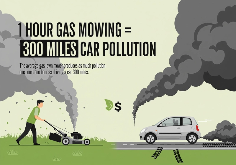 Infographic comparing one hour of gas lawn mower emissions to driving a car 300 miles