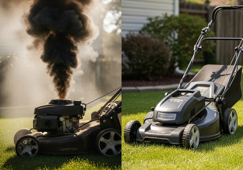 Visual comparison of gas mower pollution versus clean electric mower operation