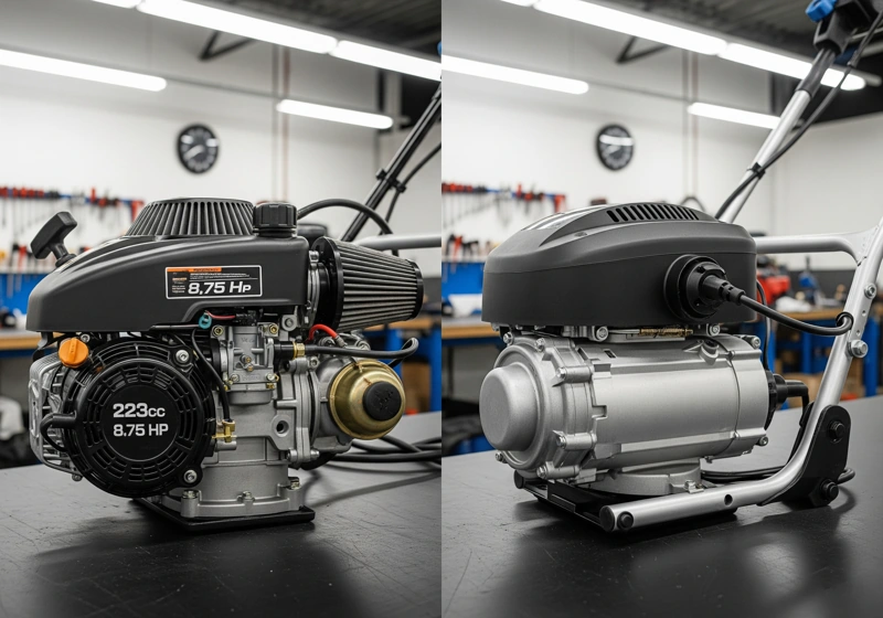 Gas powered mower engine showing superior torque capabilities compared to electric mower