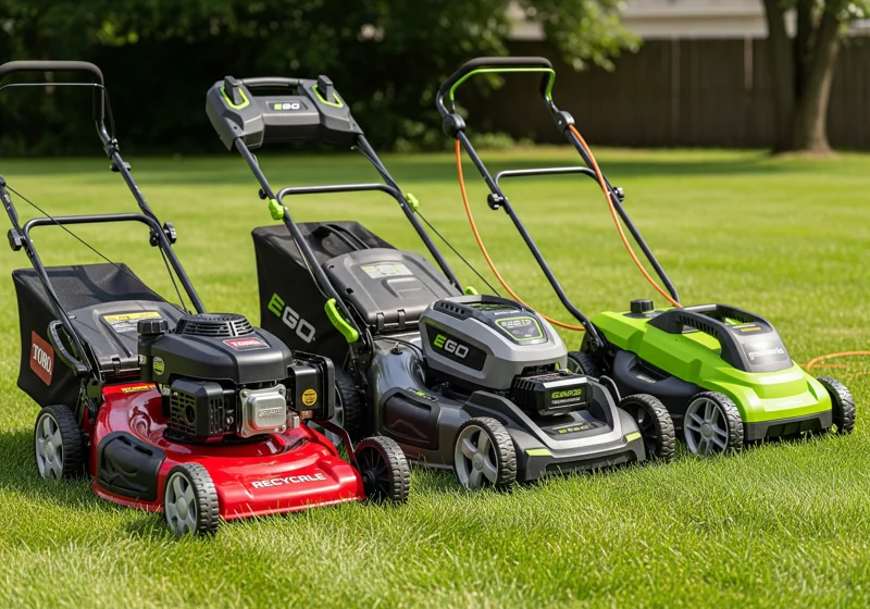Comparison of gas, battery electric, and corded electric lawn mowers showing different power source options