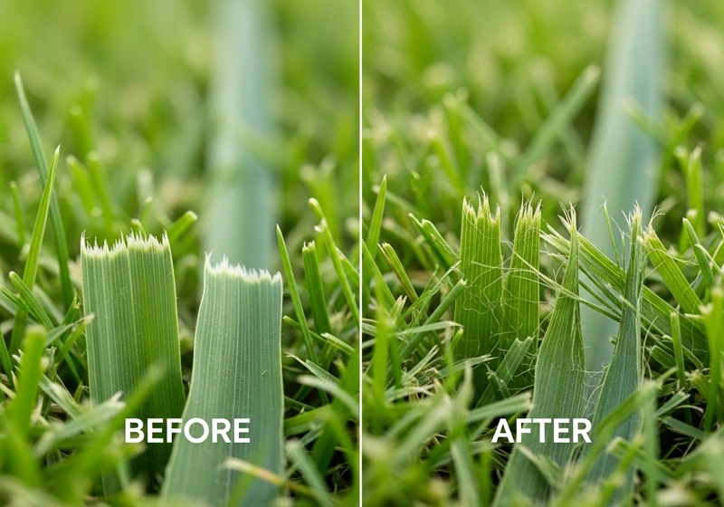 Comparison of grass blade tips showing clean reel mower cuts versus rotary mower cuts
