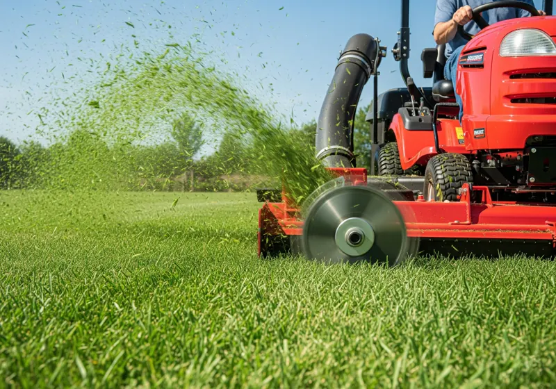 High lift lawn mower blade in action showing strong upward airflow lifting grass clippings for effective bagging performance