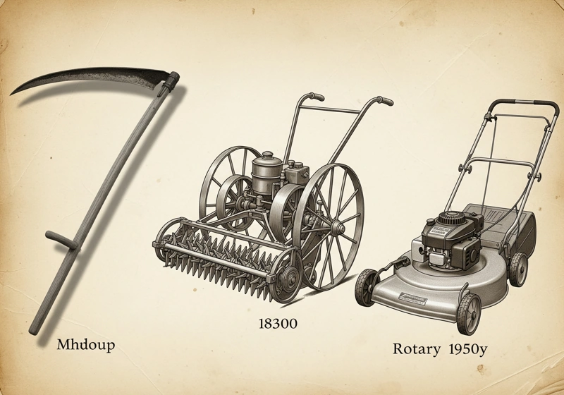 Historical timeline displaying evolution of grass cutting tools from hand scythes to early mechanical lawn mowers