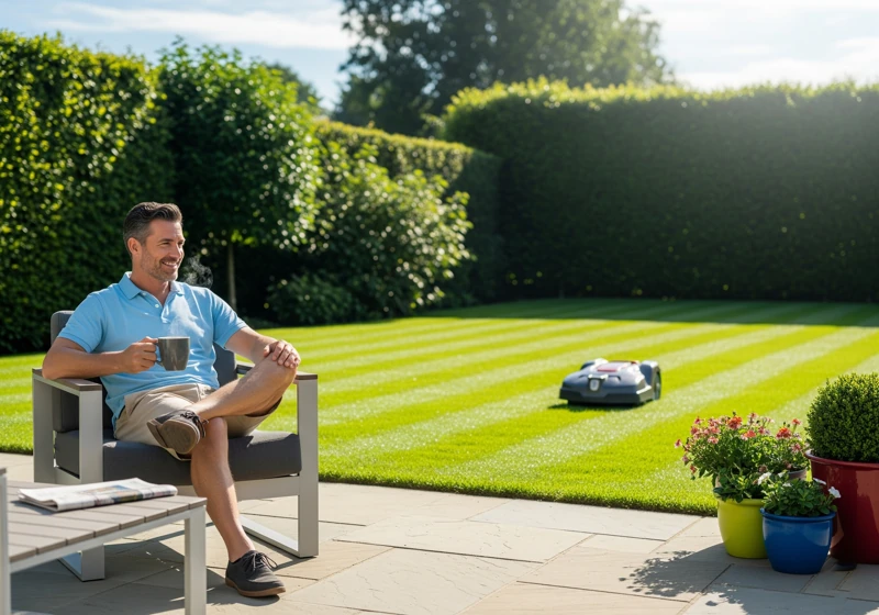 Homeowner relaxing while robotic lawn mower automatically maintains the yard