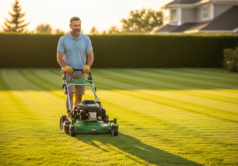 Homeowner achieving perfect lawn results with quality lawn mower brand selection