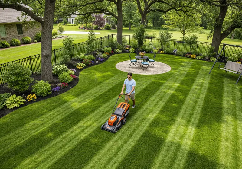 Homeowner using cordless mower on medium-sized backyard showing maneuverability