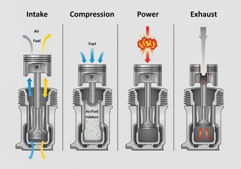 4-cycle lawn mower engine diagram showing intake, compression, power, and exhaust cycles