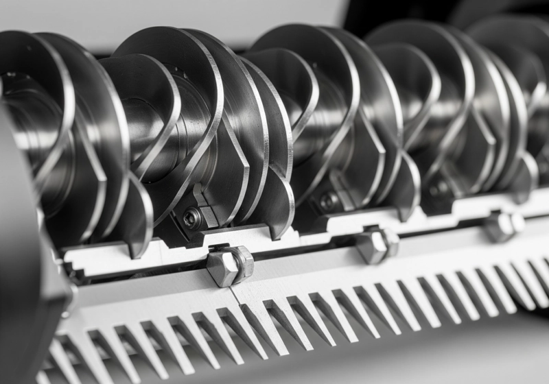 Close-up of manual reel mower cutting mechanism showing cylinder blades