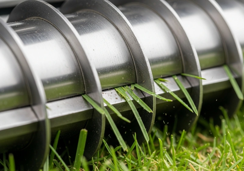 Close-up view of reel mower blades cutting grass with scissor-like action against cutting bar