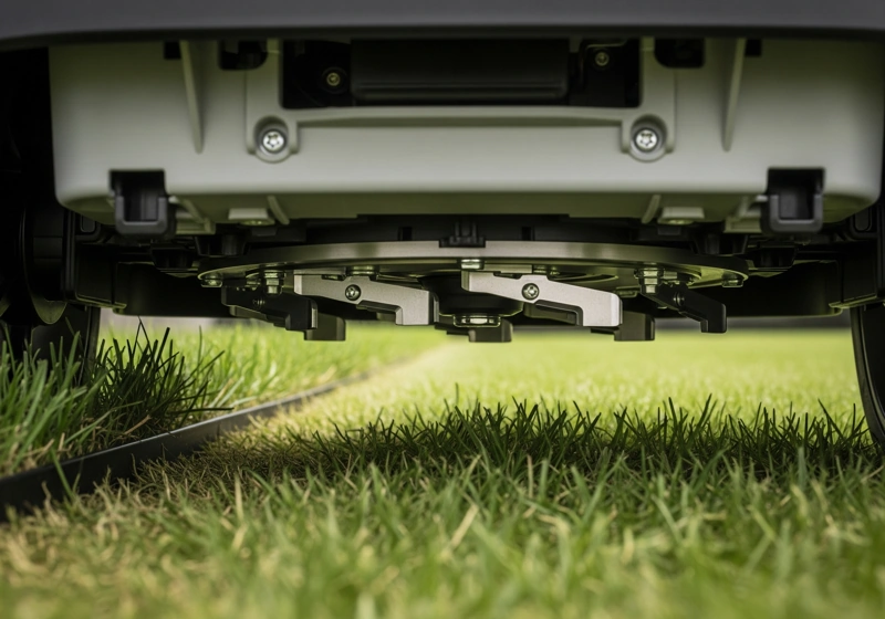 Robotic mower cutting system with small razor blades and boundary wire perimeter installation