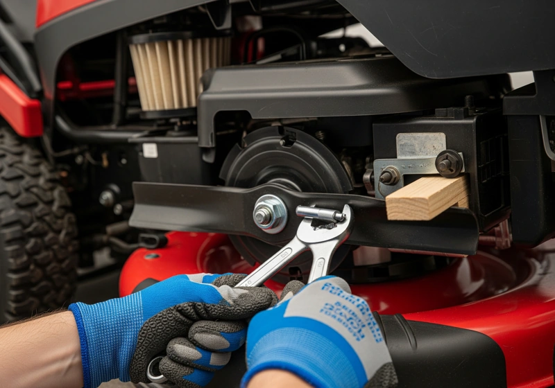 Person safely removing lawn mower blade using proper technique with wooden block and wrench