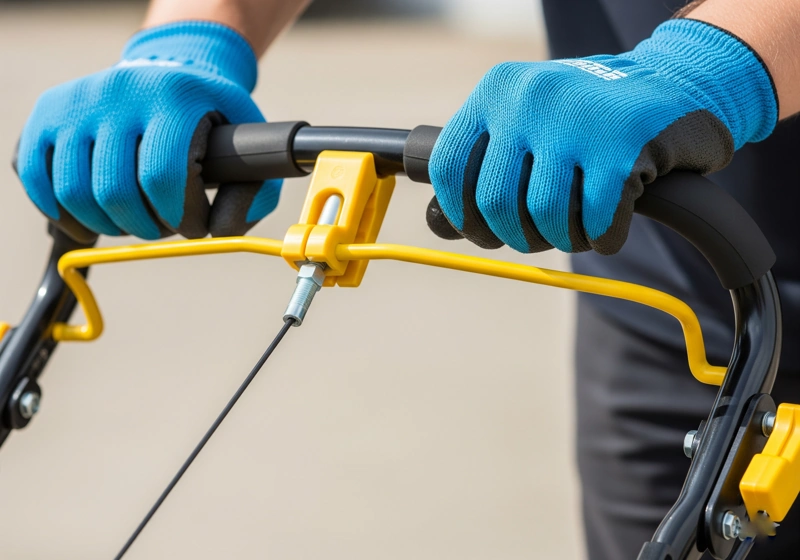 Hands demonstrating proper lawn mower safety bar operation and safety switch testing