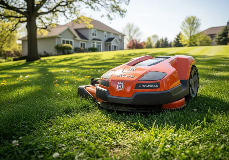 Husqvarna Automower robotic lawn mower navigating sloped terrain with GPS technology
