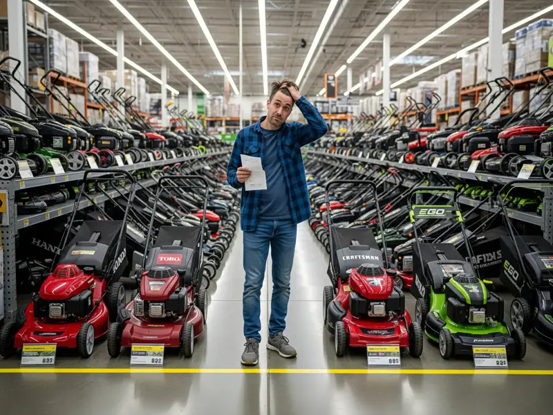 Homeowner choosing between different lawn mower brands in store aisle