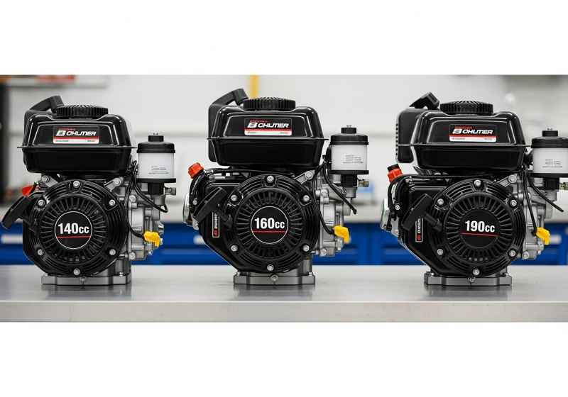 Comparison of different lawn mower engine sizes showing 140cc, 160cc, and 190cc engines