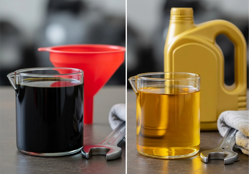 Comparison of old dirty lawn mower oil versus fresh clean oil for maintenance
