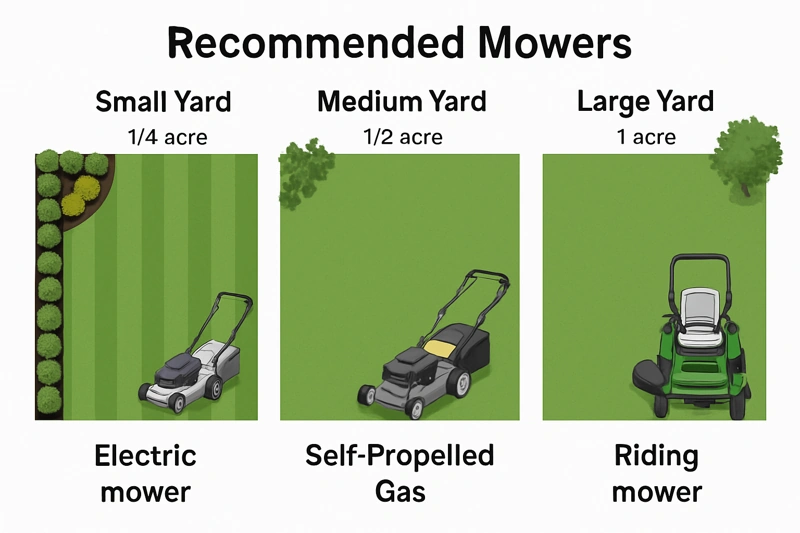 Lawn mower selection guide by yard size showing small, medium and large property recommendations