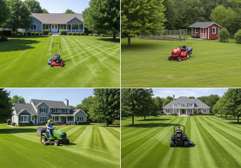 Comparison of different yard sizes showing appropriate lawn mower types for each property