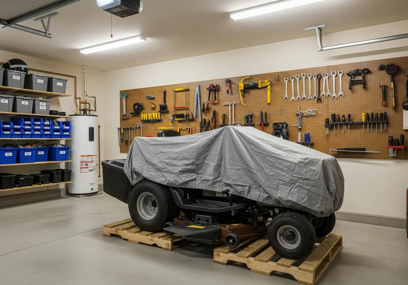 Lawn mower properly stored in garage on wooden pallets with protective cover for winter