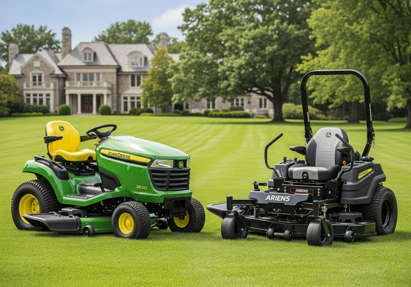 John Deere lawn tractor and Ariens zero-turn mower comparison showing differences for large yard maintenance