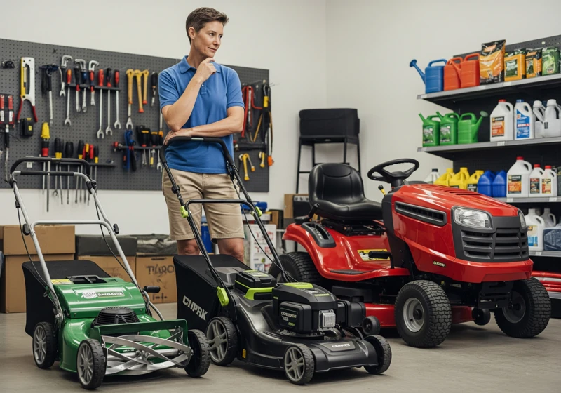 Person comparing different lawn mower types in a store
