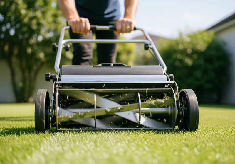 Person using manual reel mower for eco-friendly grass cutting