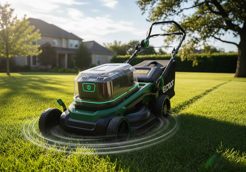 Electric battery lawn mower cutting grass on suburban lawn showing modern battery technology