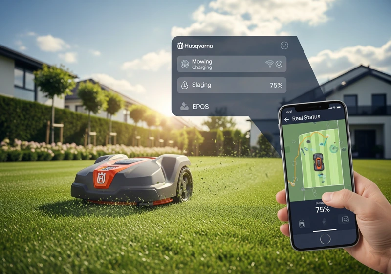 Current generation robotic lawn mower with GPS navigation cutting grass while controlled via smartphone app