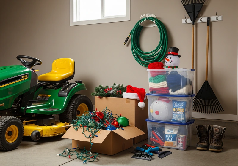 A lawn mower is parked in a garage with Christmas decorations and winter storage items