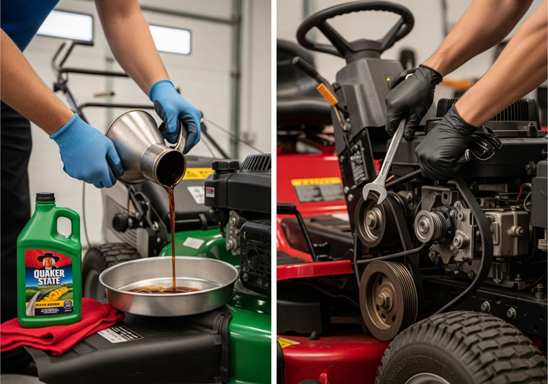 Maintenance comparison showing simple push mower service versus complex riding mower maintenance requirements