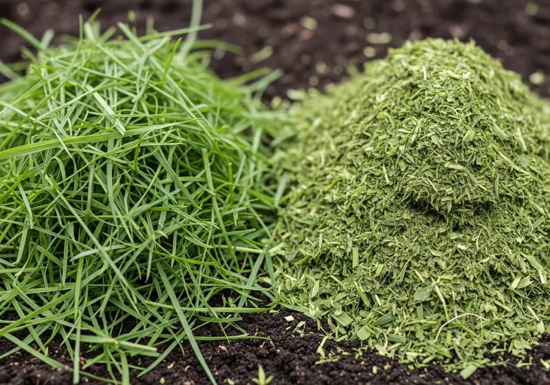 Comparison of grass clippings showing large pieces versus finely chopped mulched clippings produced by mulching mower blades
