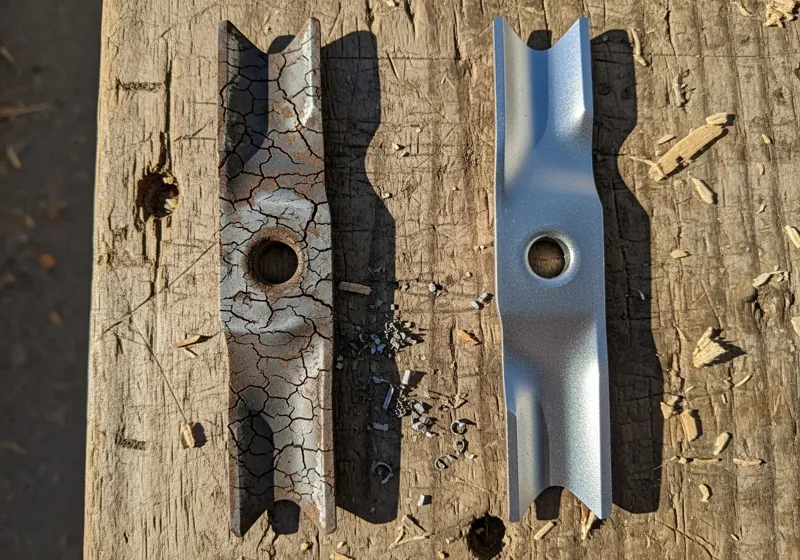 Comparison between worn out cracked lawn mower blade and new replacement blade showing when to replace vs sharpen