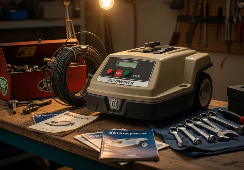 First generation Husqvarna Automower from 1995 displaying early robotic lawn mower technology and design