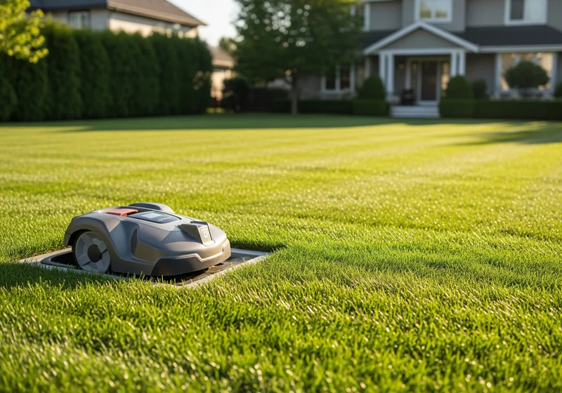 Well-maintained suburban lawn achieved with robotic mower showing healthy grass and automated lawn care results