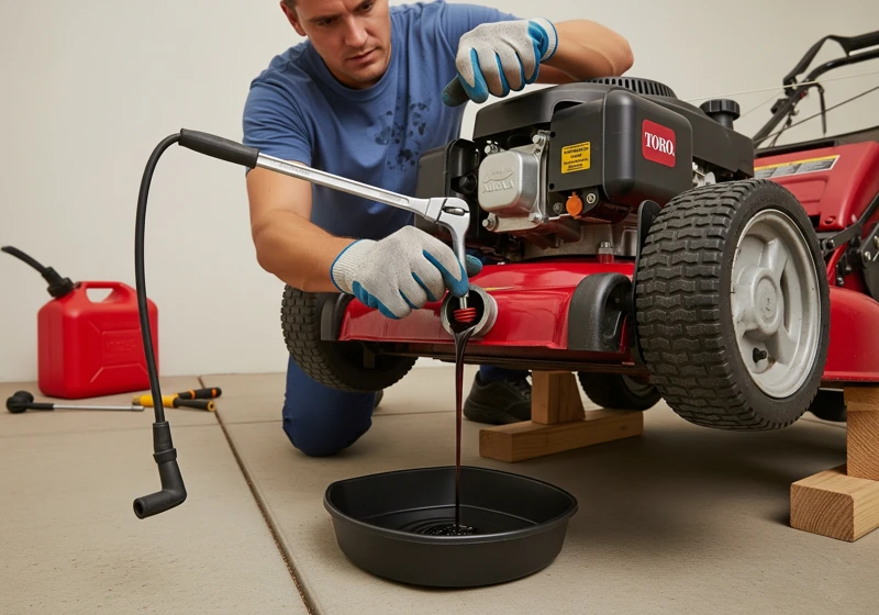 A person performing an oil change on a gas lawn mower