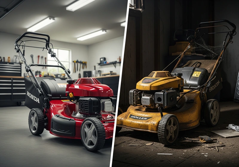 Side-by-side comparison showing difference between premium and budget gas lawn mower quality and durability