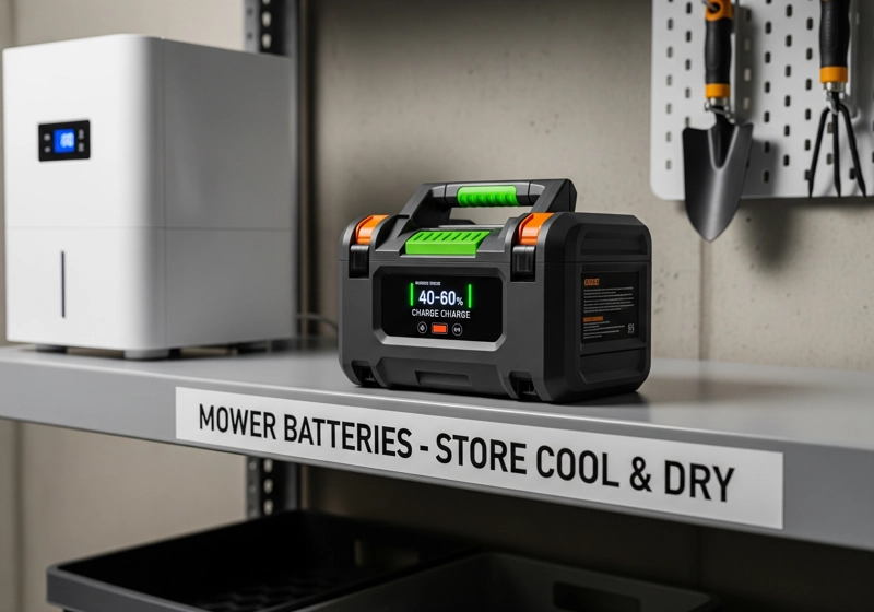 Electric lawn mower battery stored properly on shelf in cool, dry indoor location for winter storage