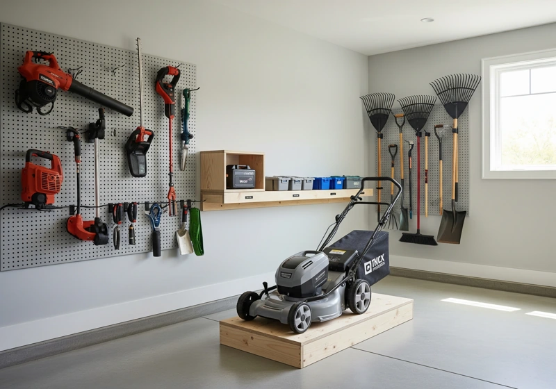 Electric lawn mower properly stored in organized garage on wooden platform with battery stored separately