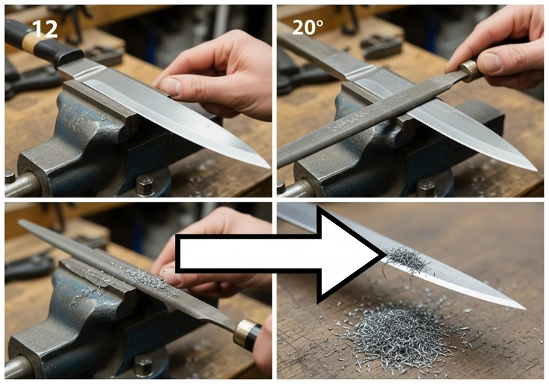 Demonstration of correct filing technique showing proper angle and direction for sharpening mower blade