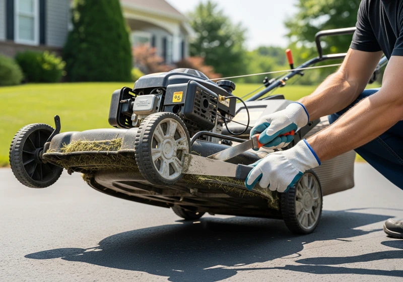 How to safely tilt and clean gas lawn mower deck with scraper tool