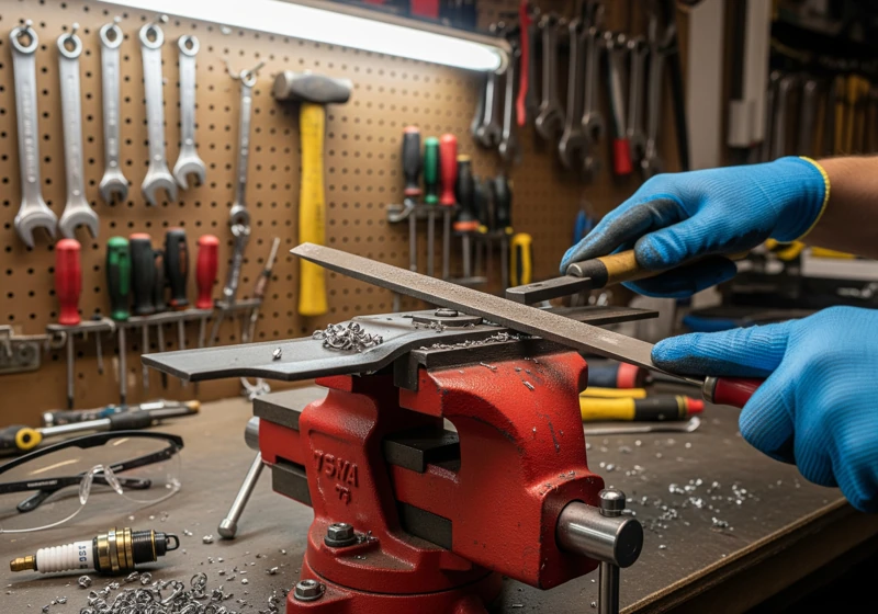 Hands demonstrating proper lawn mower blade sharpening technique using a file while maintaining correct blade angle