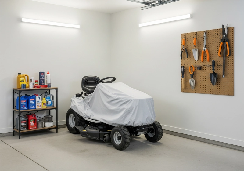 Lawn mower properly stored in garage for winter with maintenance supplies and protective covers