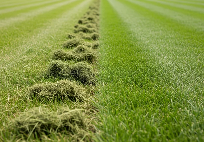 Comparison of lawn showing proper fine grass mulching versus large clippings from improper technique
