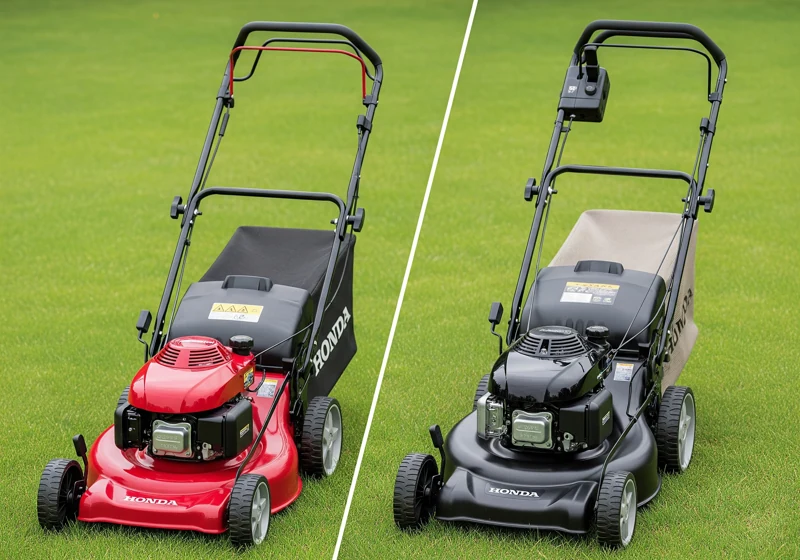 Honda push mower and self-propelled mower side by side showing the differences between manual and powered drive systems
