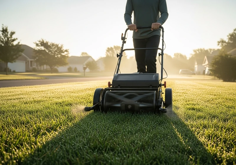 Person using reel mower in quiet suburban setting during early morning lawn care