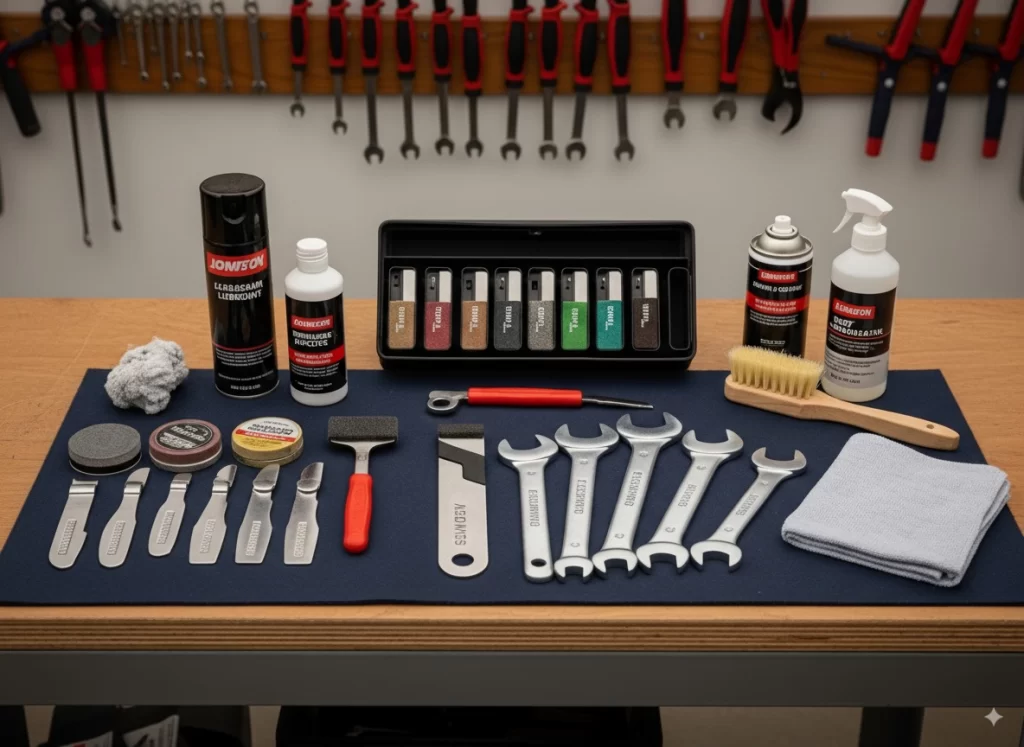 Reel mower maintenance tools including blade sharpening kit and adjustment wrenches