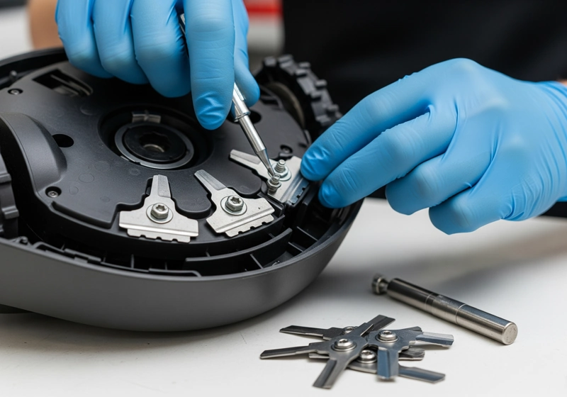 Maintenance process showing robotic mower blade replacement for optimal cutting performance