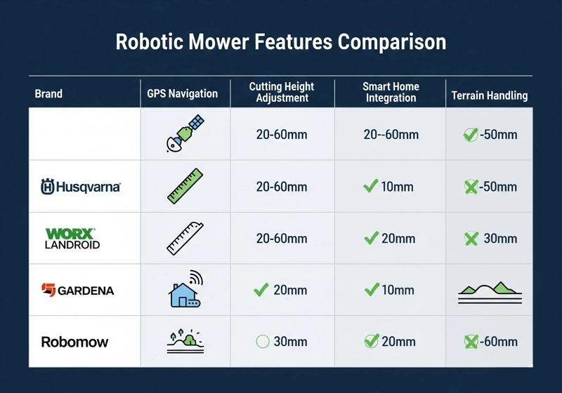 Comparison chart of robotic lawn mower brands features including GPS navigation and smart home integration