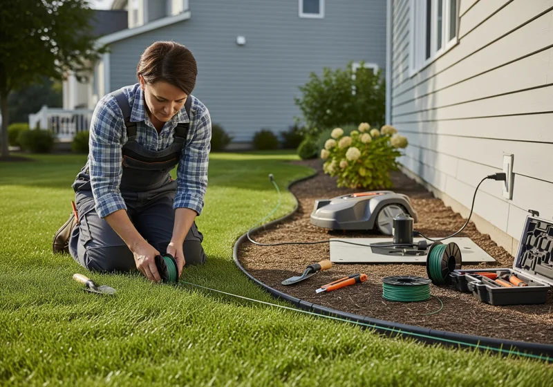 Homeowner installing robotic mower boundary wire and setting up charging station during DIY installation