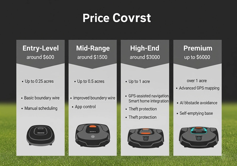 Price comparison chart displaying robotic mower costs and features across different budget ranges